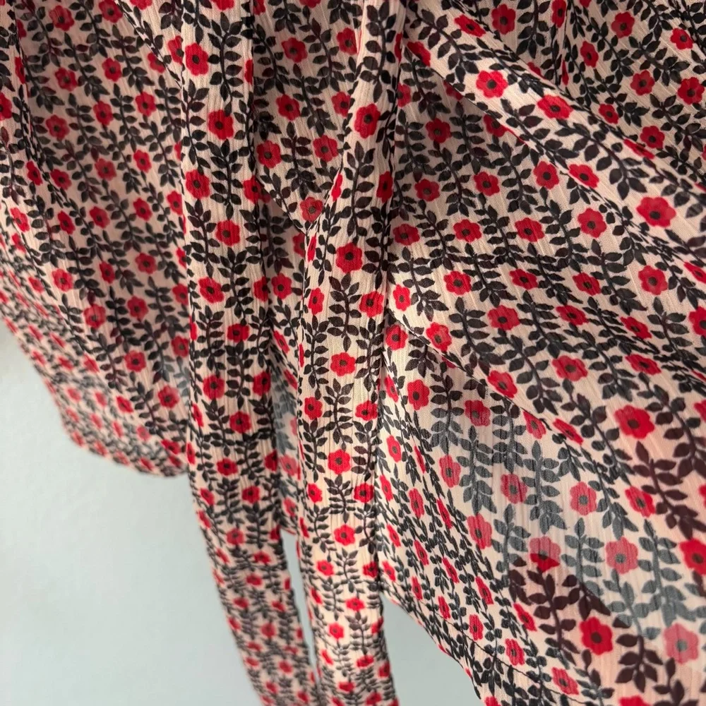 Vintage Forever 21 Red Black Floral Sheer Tunic Top Ruffle Y2K - Picture 10 of 14